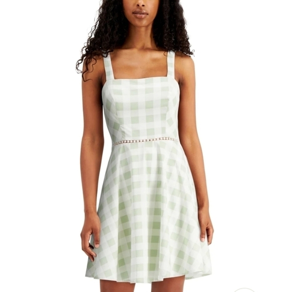 CITY STUDIO Zippered Plaid Sleeveless Square Neck Short Fit Flare Dress. - Picture 1 of 16